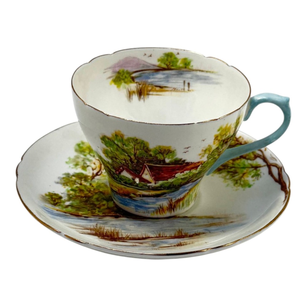 Shelley Old Mill Teacup and Saucer Set Scenic Landscape 13669 MCM 1950s